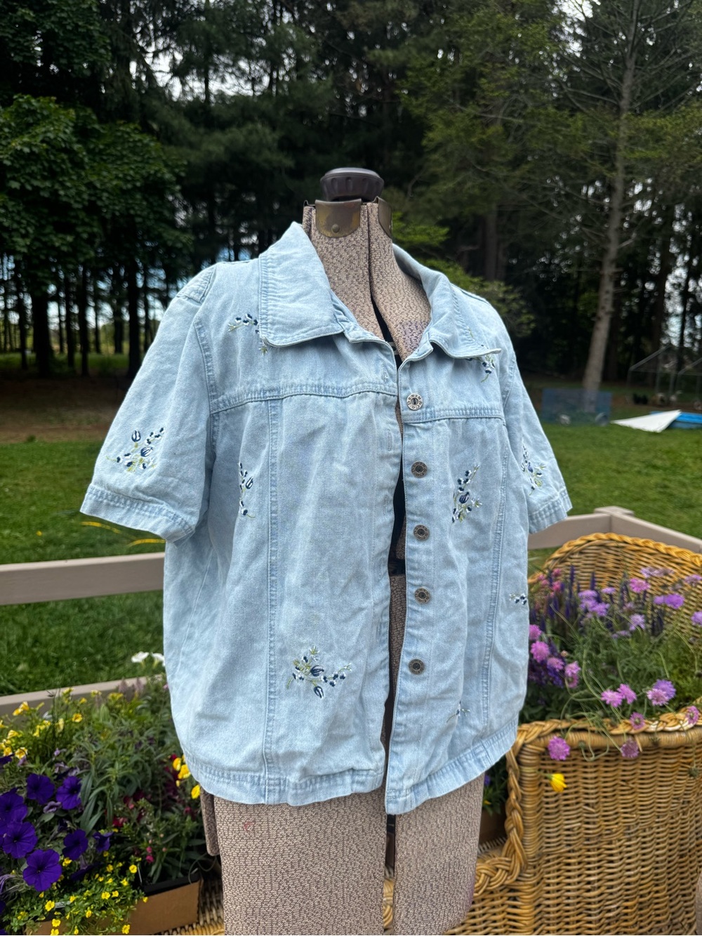 Vintage Light Wash Embroidered Denim Button-Up